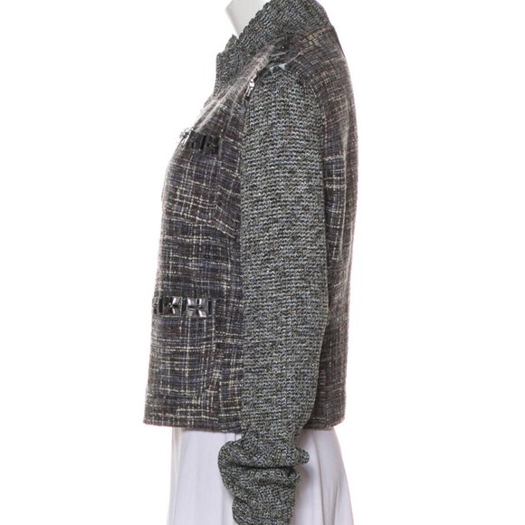 ST. JOHN Gray Embellished Tweed Wool Cardigan Sz L - Picture 2 of 6